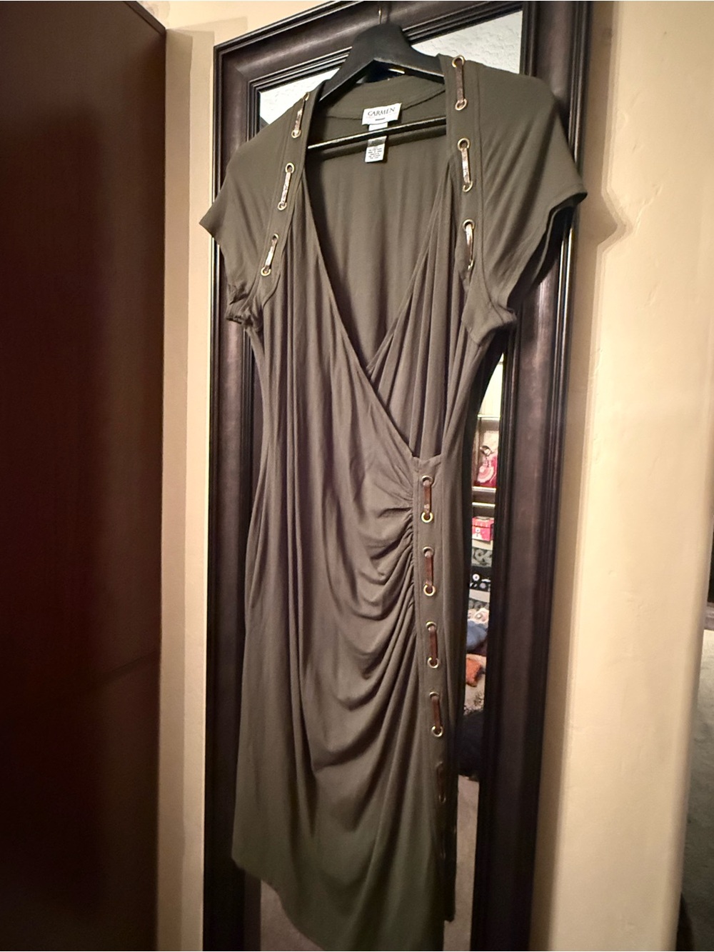 Carmen Marc Valvo Olive Green Ruched Wrap Dress XL - Picture 6 of 7